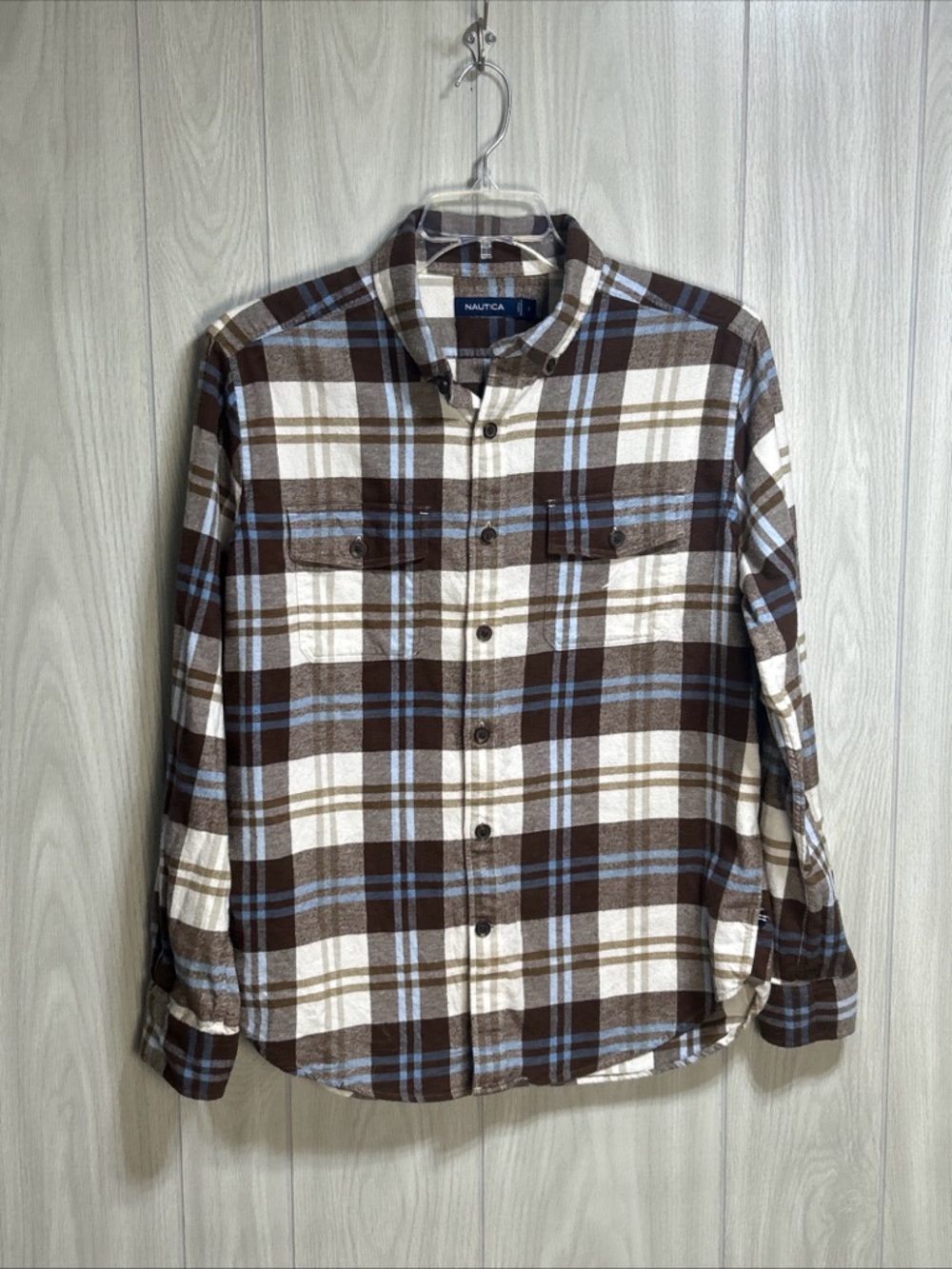 Nautica Brown Plaid Flannel button Down Long Sleeve Shirt Size Large